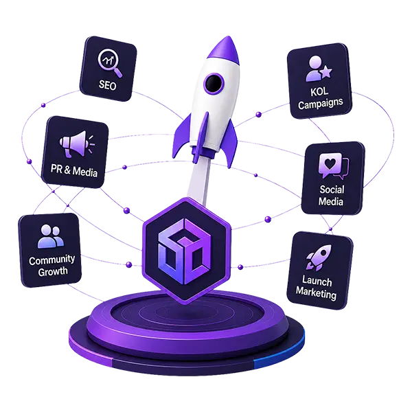 Crypto marketing agency services for SEO, PR, KOL campaigns, social media, community growth, and launch marketing